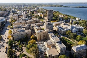 The central University of Wisconsin-Madison campus is pictured in an aerial view during autumn