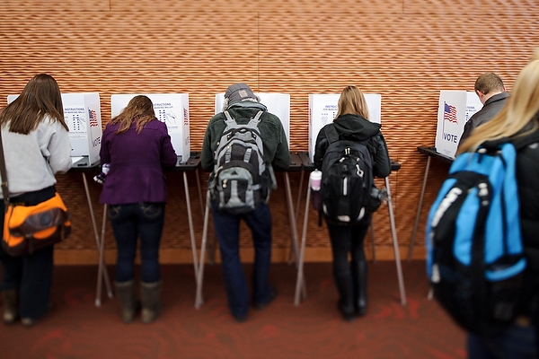 Eligible students cast their ballots for the presidential election and several state positions while voting at a polling place at Gordon Dining and Events Center at the University of Wisconsin-Madison on Nov. 6, 2012. The Gordon Dining and Events Center is the designated polling location for campus residents living in Sellery and Witte residence halls. (Photo by Jeff Miller/UW-Madison)