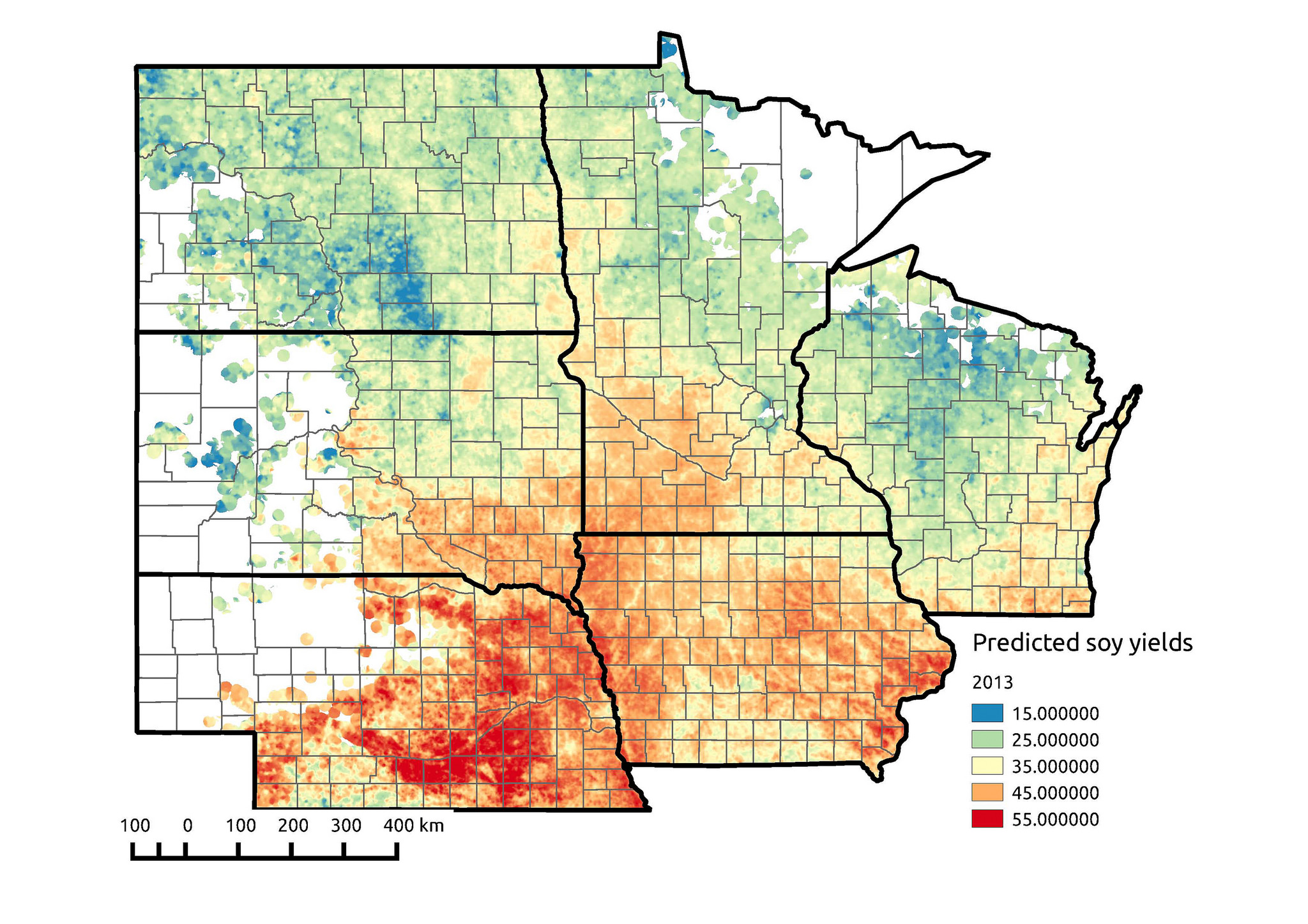 This map looking at soybean crops in the Upper Midwest shows how yields are predicted to vary even within the same county. Researchers are trying to verify their estimates by working with farmers to determine their actual yields. Photo courtesy of Aditya Singh/UW–Madison CALS.