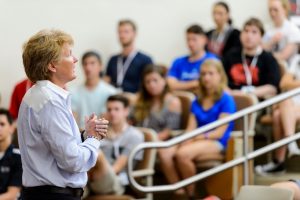 Lori Berquam makes closing remarks while speaking to incoming first-year undergraduates during a Student Orientation, Advising and Registration (SOAR) session. Photo: Jeff Miller/UW-Madison.