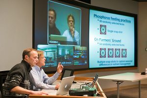 Students in associate professor Michel Wattiaux's Dairy Agrosystem class sit in on a bilingual video conference with college students in Mexico. Photo: Bryce Richter/UW-Madison.