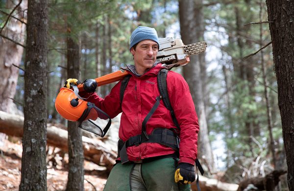 Man stands in forest holding chainsaw
