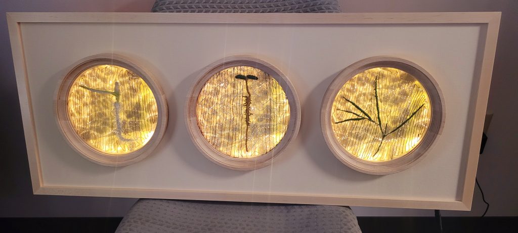 A triptych of art showing root growth lit up from behind