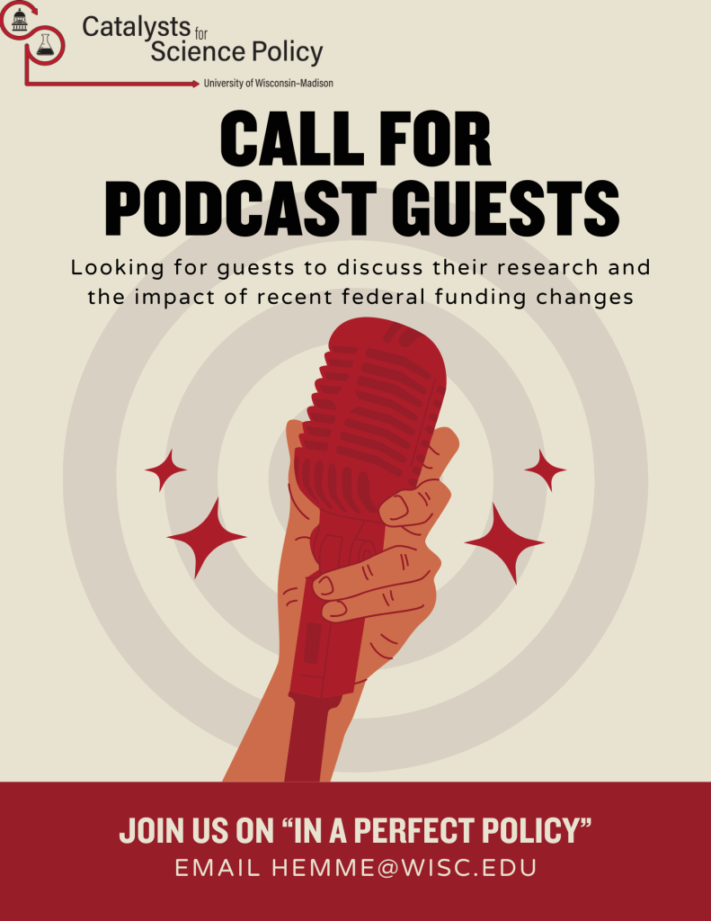 Beige poster with black text calling for podcast guests. Image shows hand holding microphone.