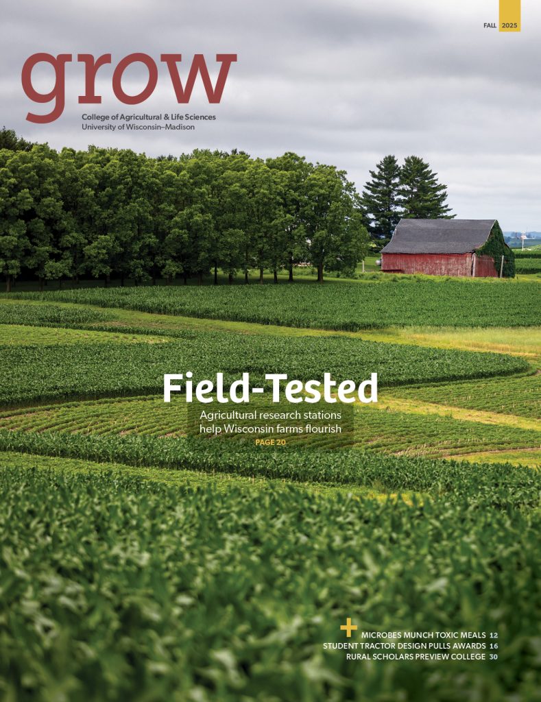 Cover of magazine with "grow" in the top left corner. Photo shows farm field and text over photo reads "Field-Tested: Agricultural research stations help Wisconsin farmers flourish"