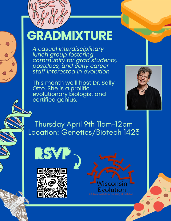 Flyer showing details of Gradmixture event including date and time with photo of Sally Otto and RSVP link. Flyer has blue background with graphics of food and scientific images.