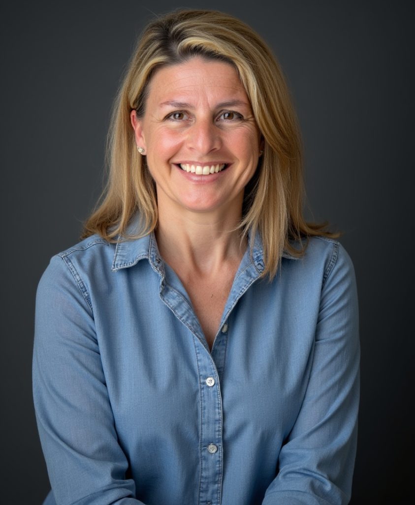 Smiling woman with blonde hair and blue shirt looks at camera