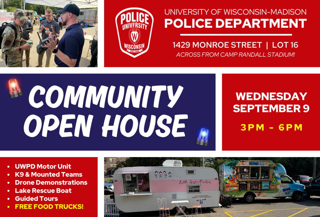 Flyer with information about a community open house hosted by the UW–Madison Police Department